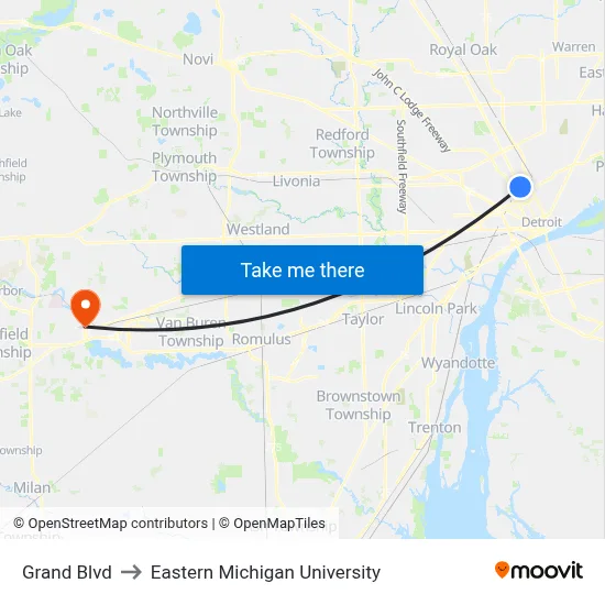 Grand Blvd to Eastern Michigan University map