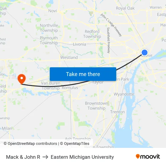 Mack & John R to Eastern Michigan University map