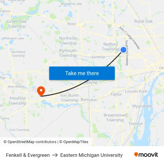 Fenkell & Evergreen to Eastern Michigan University map
