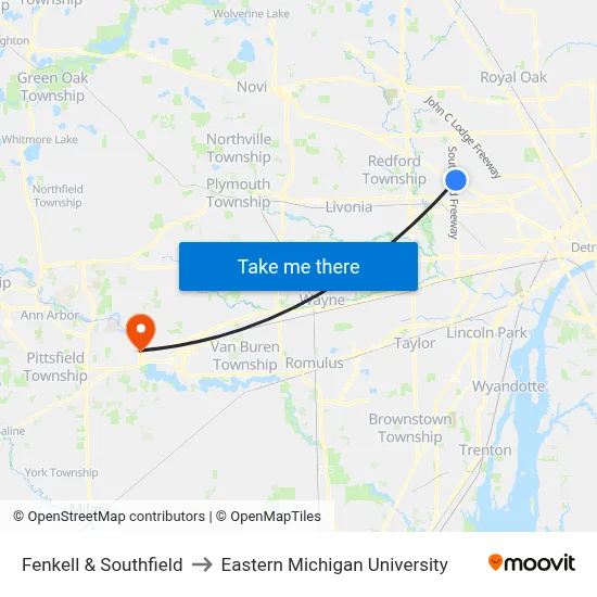 Fenkell & Southfield to Eastern Michigan University map