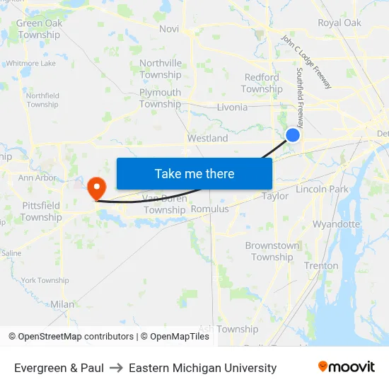 Evergreen & Paul to Eastern Michigan University map