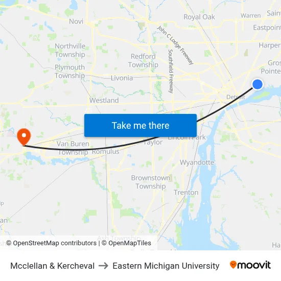 Mcclellan & Kercheval to Eastern Michigan University map