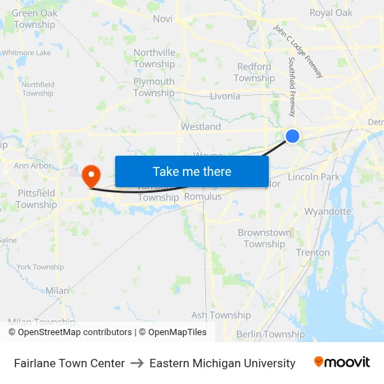 Fairlane Town Center to Eastern Michigan University map