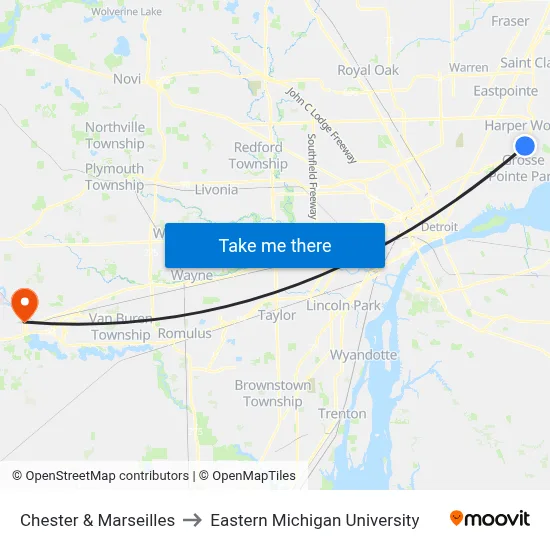 Chester & Marseilles to Eastern Michigan University map