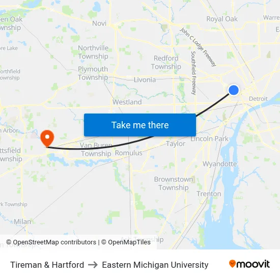 Tireman & Hartford to Eastern Michigan University map