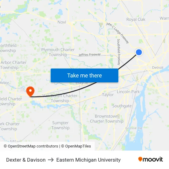 Dexter & Davison to Eastern Michigan University map