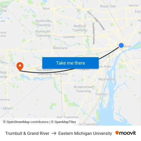 Trumbull & Grand River to Eastern Michigan University map