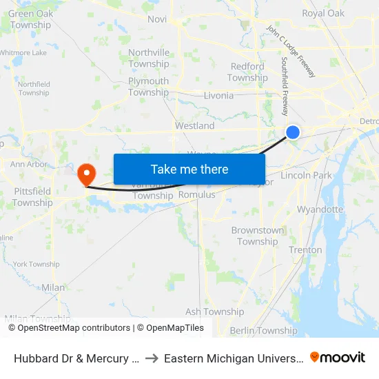 Hubbard Dr & Mercury Dr to Eastern Michigan University map