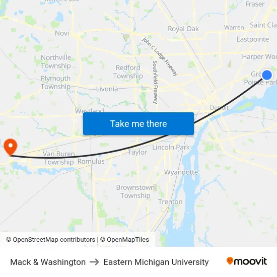 Mack & Washington to Eastern Michigan University map