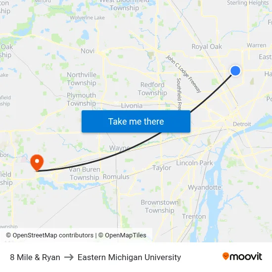 8 Mile & Ryan to Eastern Michigan University map