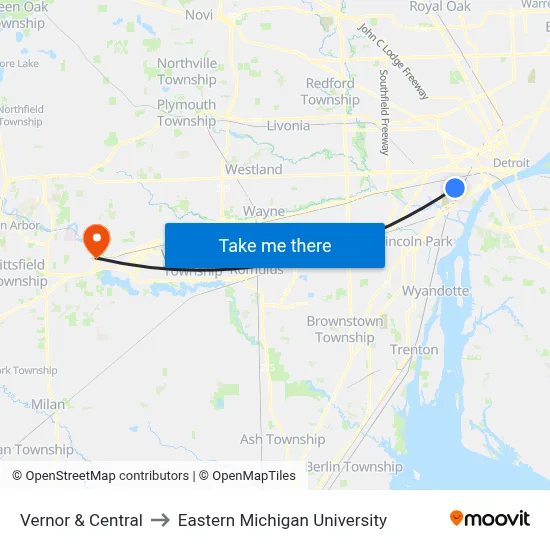 Vernor & Central to Eastern Michigan University map