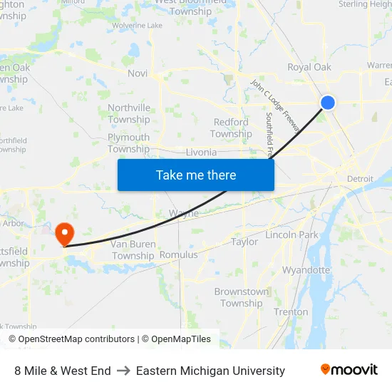 8 Mile & West End to Eastern Michigan University map