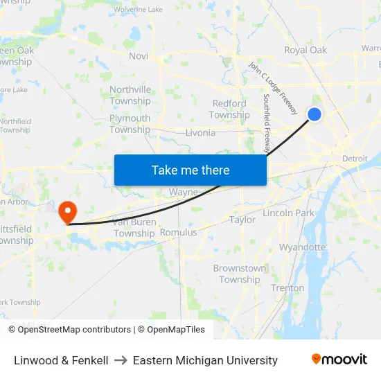 Linwood & Fenkell to Eastern Michigan University map
