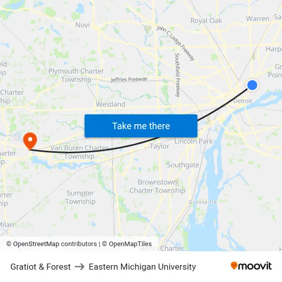 Gratiot & Forest to Eastern Michigan University map