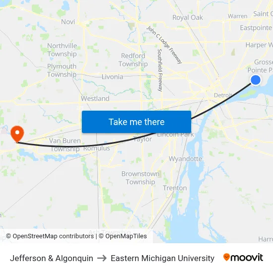 Jefferson & Algonquin to Eastern Michigan University map