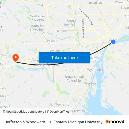 Jefferson & Woodward to Eastern Michigan University map