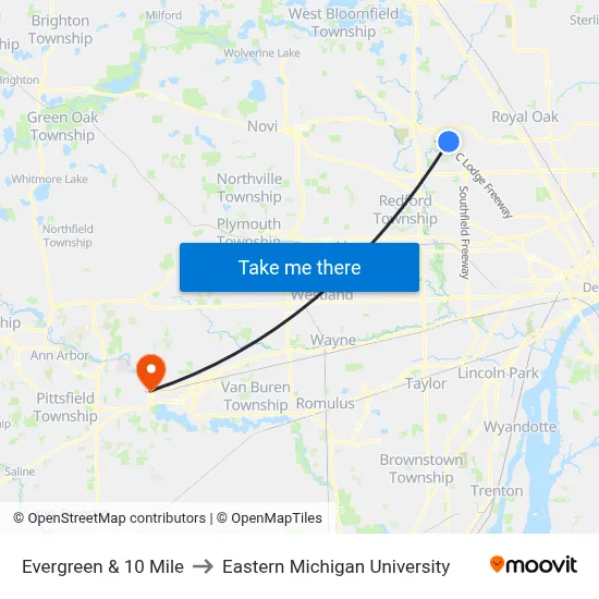 Evergreen & 10 Mile to Eastern Michigan University map