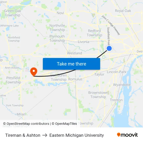 Tireman & Ashton to Eastern Michigan University map