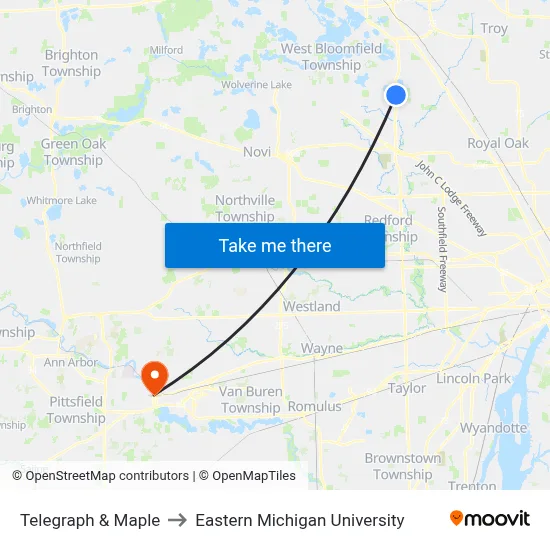 Telegraph & Maple to Eastern Michigan University map