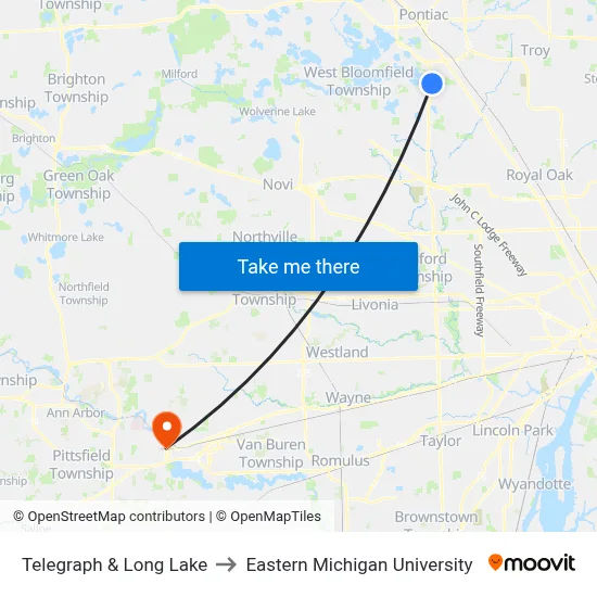 Telegraph & Long Lake to Eastern Michigan University map