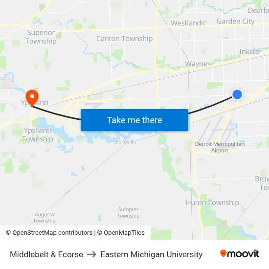 Middlebelt & Ecorse to Eastern Michigan University map