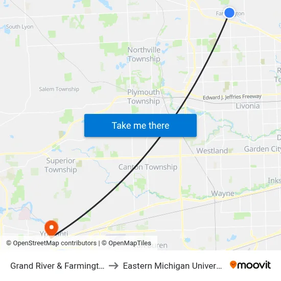 Grand River & Farmington to Eastern Michigan University map