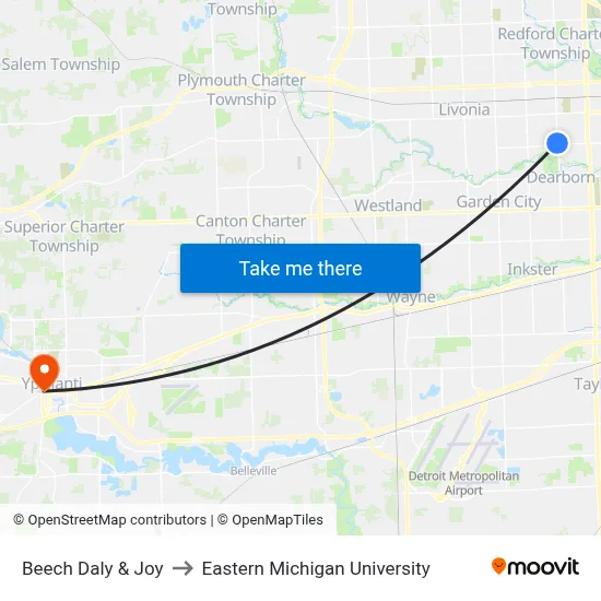 Beech Daly & Joy to Eastern Michigan University map