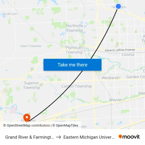 Grand River & Farmington to Eastern Michigan University map