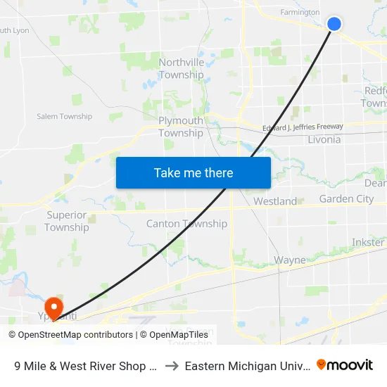 9 Mile & West River Shop Center to Eastern Michigan University map