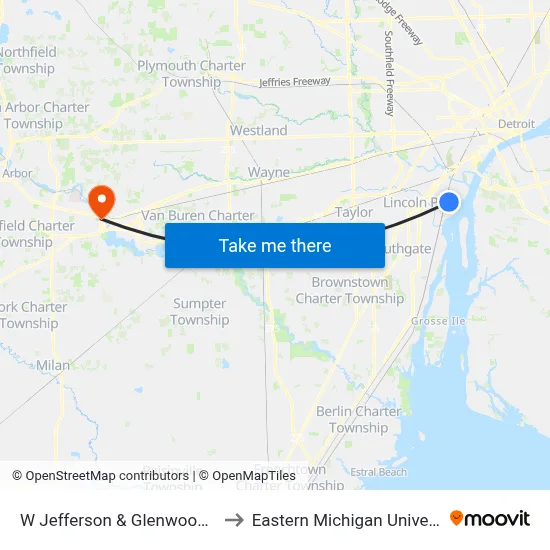 W Jefferson & Glenwood SW to Eastern Michigan University map