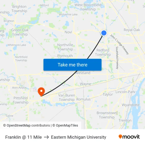 Franklin @ 11 Mile to Eastern Michigan University map