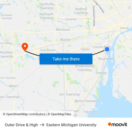 Outer Drive & High to Eastern Michigan University map