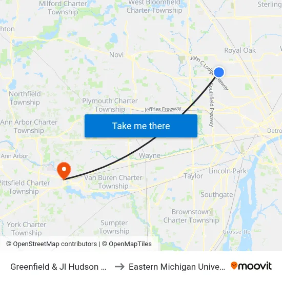 Greenfield & Jl Hudson Drive to Eastern Michigan University map