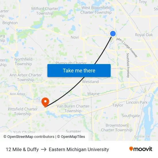 12 Mile & Duffy to Eastern Michigan University map
