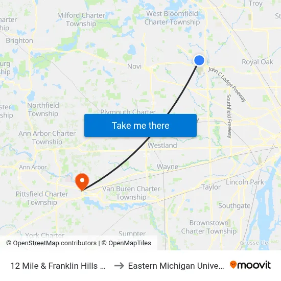 12 Mile & Franklin Hills Drive to Eastern Michigan University map