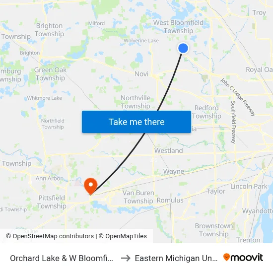 Orchard Lake & W Bloomfield Plaza to Eastern Michigan University map