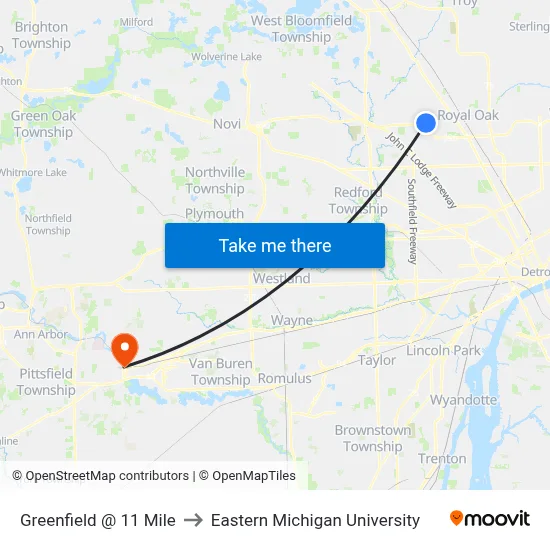 Greenfield @ 11 Mile to Eastern Michigan University map