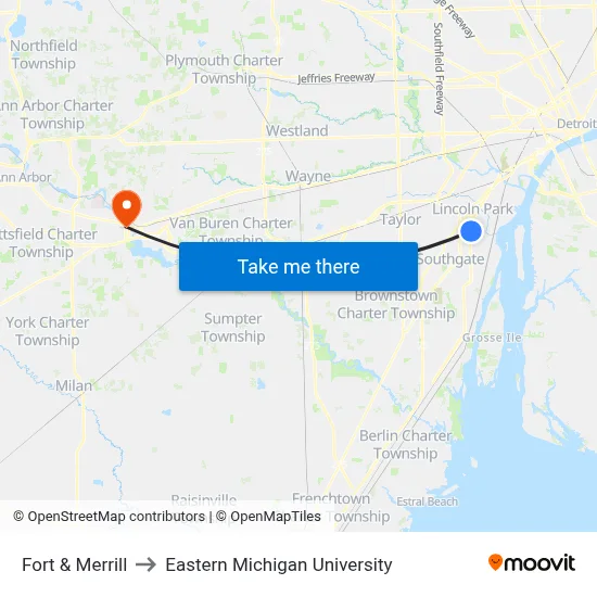 Fort & Merrill to Eastern Michigan University map