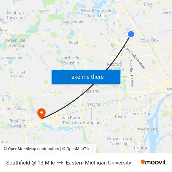 Southfield & 13 Mile to Eastern Michigan University map