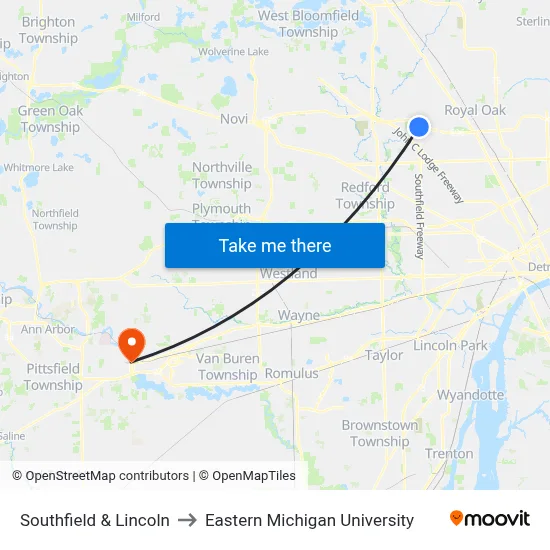 Southfield & Lincoln to Eastern Michigan University map