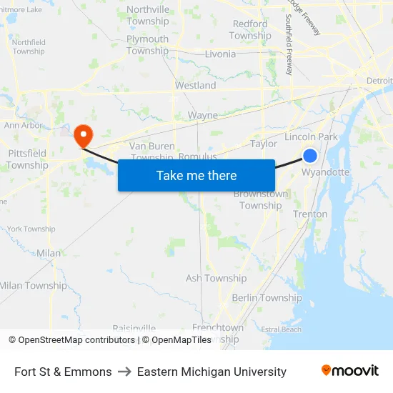 Fort St & Emmons to Eastern Michigan University map