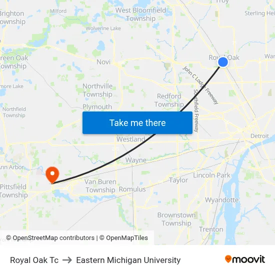 Royal Oak Tc to Eastern Michigan University map