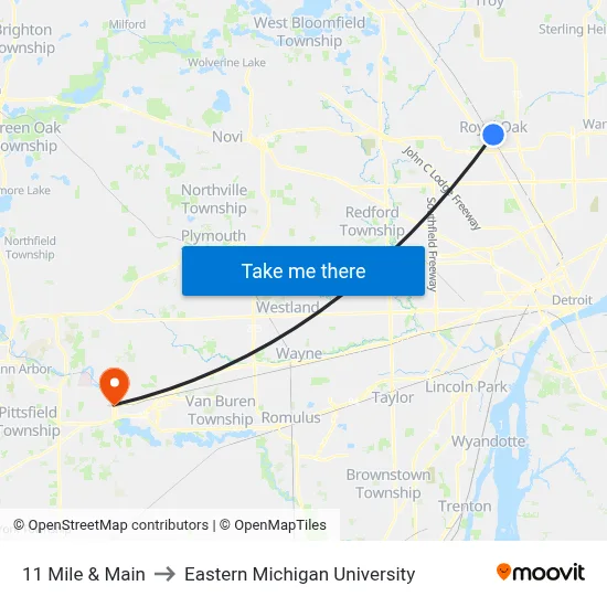 11 Mile & Main to Eastern Michigan University map