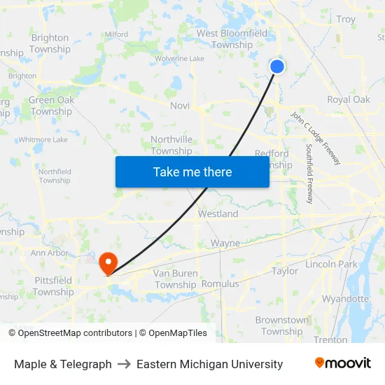 Maple & Telegraph to Eastern Michigan University map