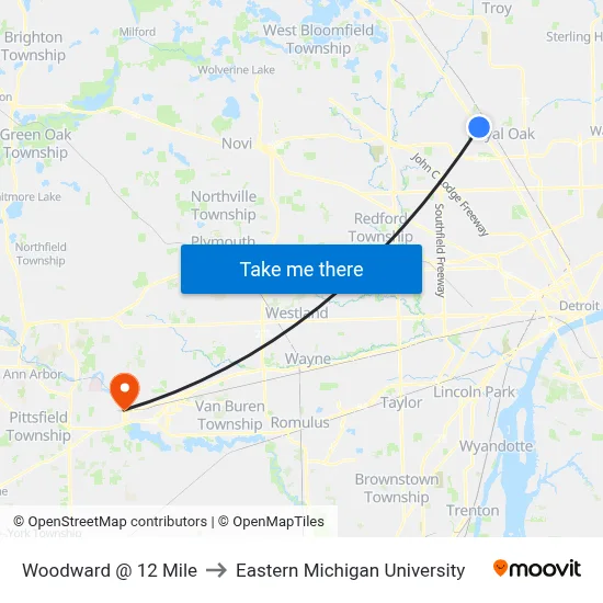 Woodward @ 12 Mile to Eastern Michigan University map