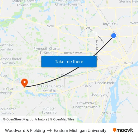 Woodward & Fielding to Eastern Michigan University map