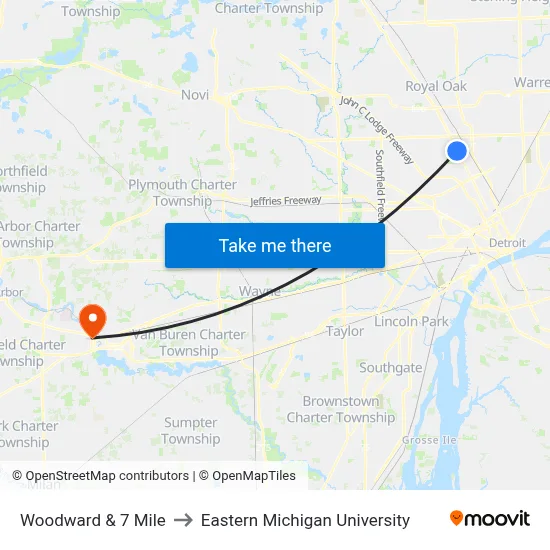 Woodward & 7 Mile to Eastern Michigan University map