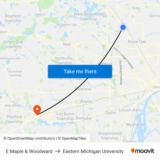 E Maple & Woodward to Eastern Michigan University map