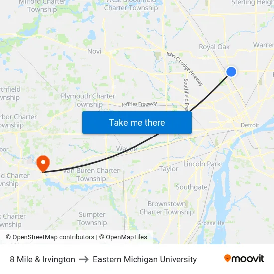 8 Mile & Irvington to Eastern Michigan University map