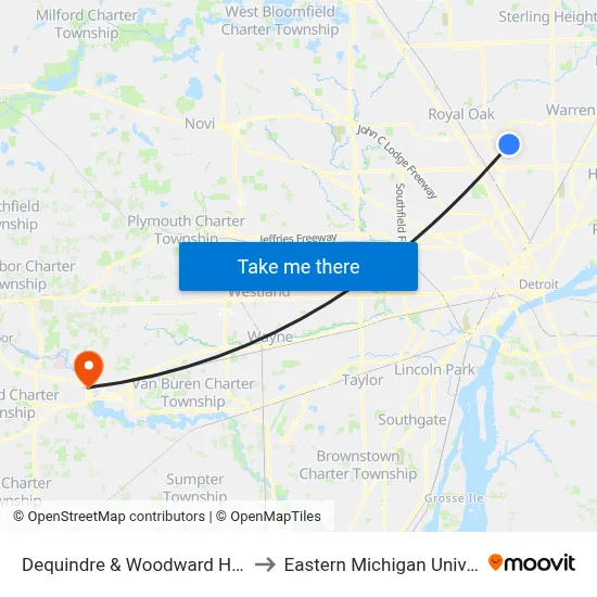 Dequindre & Woodward Heights to Eastern Michigan University map
